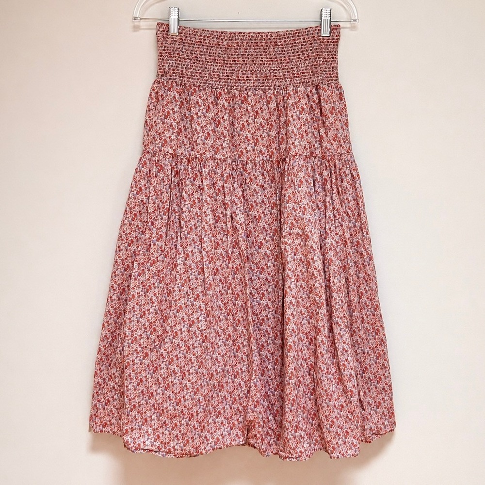 Nation LTD Floral Midi Skirt S Pima Cotton Smocked Waist Pink Red Boho Peru